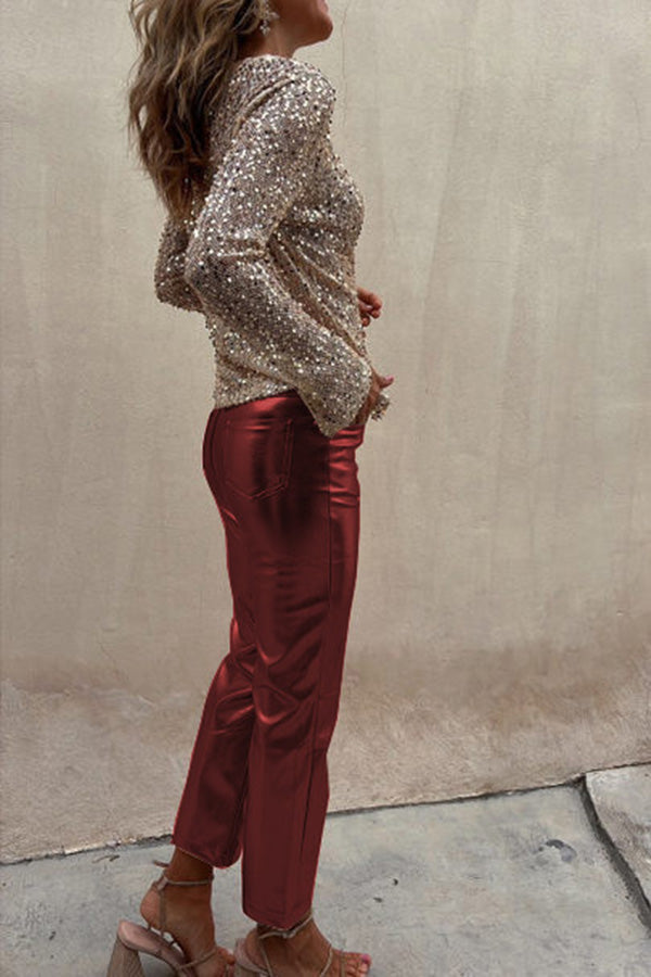 Elfriede Metallic-Bundfaltenhose aus Kunstleder mit hoher Taille und Taschen – Lieferung in 24h