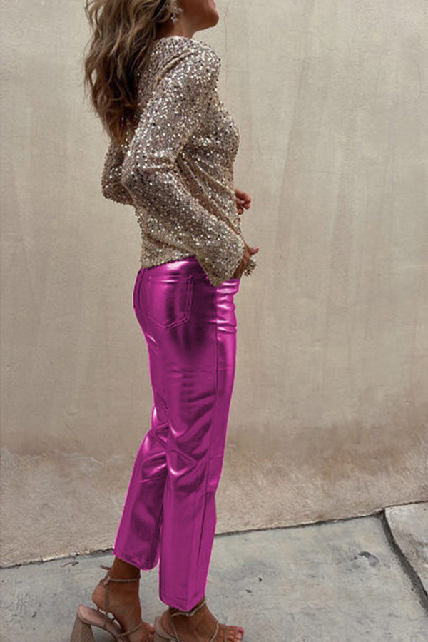 Elfriede Metallic-Bundfaltenhose aus Kunstleder mit hoher Taille und Taschen – Lieferung in 24h