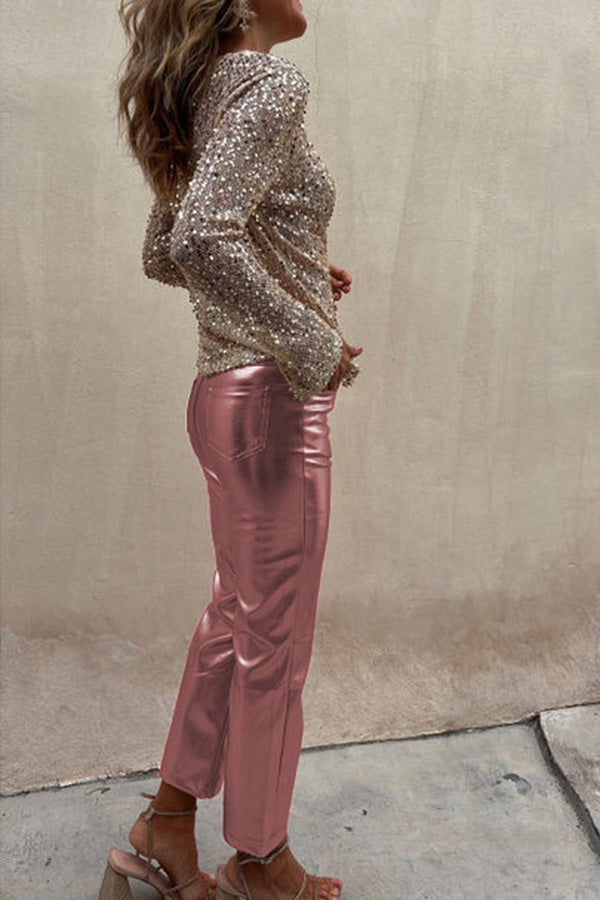 Elfriede Metallic-Bundfaltenhose aus Kunstleder mit hoher Taille und Taschen – Lieferung in 24h