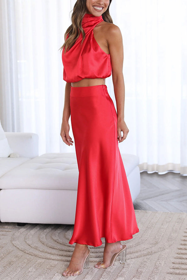 Franziska High-Neck Satin-Maxirock-Set mit Drapierung