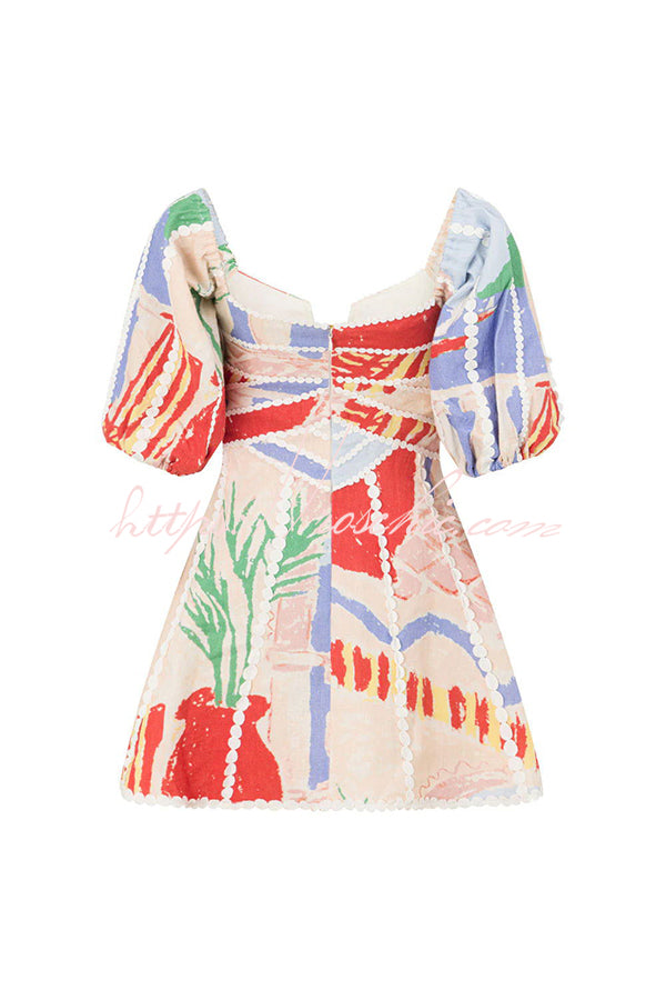 Lina Leinenmix-Minikleid mit Puffärmeln, einzigartigem Muster und Zierborten