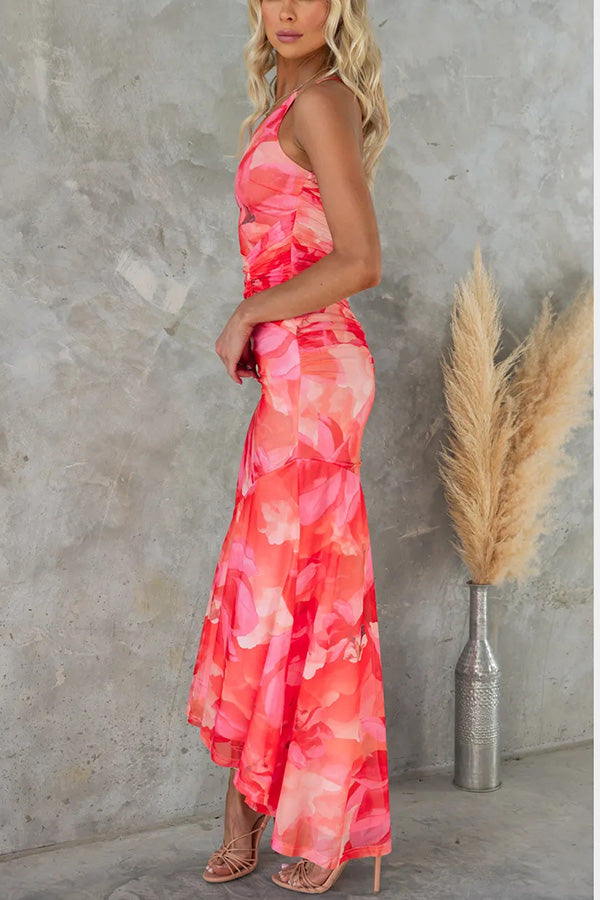 Friederike Asymmetrisches Maxikleid aus Netzstoff mit Blumenmuster und Raffung