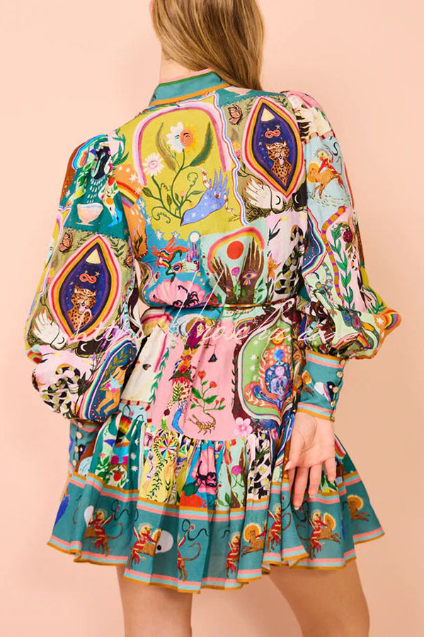 Annette Ballonärmel Hemdblusenkleid mit einzigartigem Print und Knöpfen – Mini-Länge, luxuriöser Stil