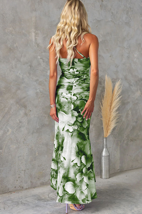 Friederike Asymmetrisches Maxikleid aus Netzstoff mit Blumenmuster und Raffung