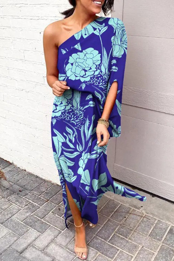 Natalie Bedrucktes One-Shoulder-Maxikleid mit Schlitz