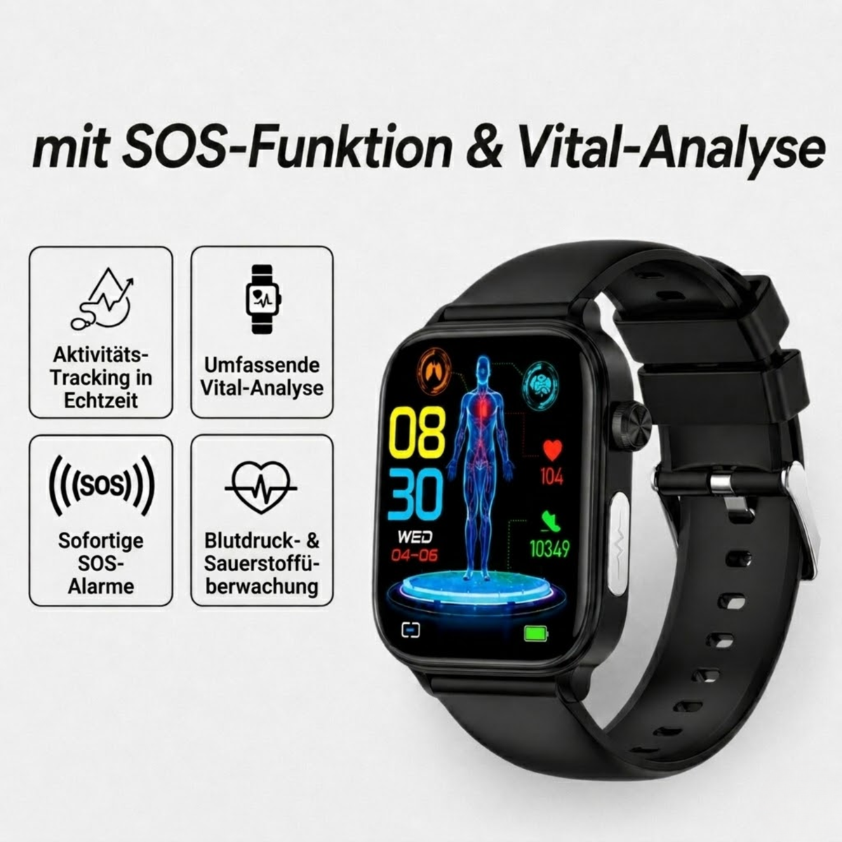 Smartwatch mit SOS-Notfallalarm und Sturzerkennung | Herzfrequenz-, Sauerstoff- und Aktivitätsmessung | Bluetooth und wasserdicht – ConnectPro