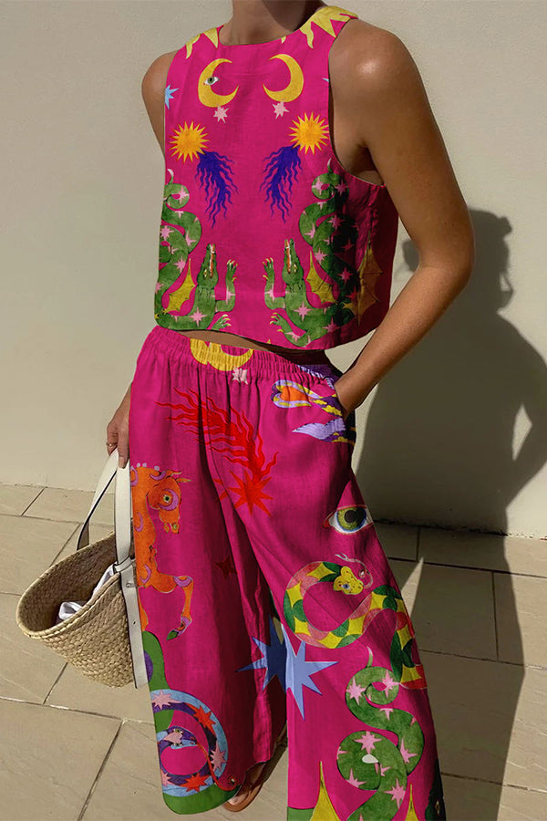 Mariele Leinenmix-Set mit einzigartigem Print: Ärmelloses Top und Hose mit Gummibund und Taschen