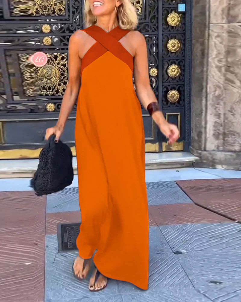 Silvara - Ärmelloses Cross-Halterkleid mit Patchwork-Design