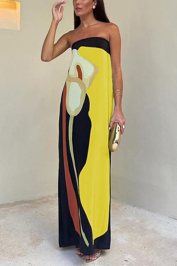 Rosalinde Schulterfreies Maxikleid mit abstraktem Blumenmuster und elastischem Bund – Lockerer Urlaubsstil