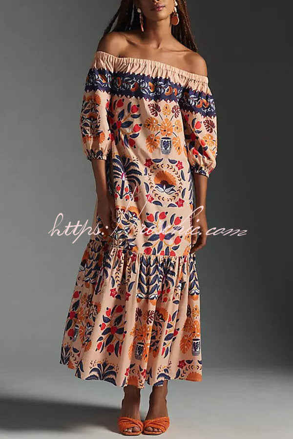 Renate Schulterfreies, fließendes Midikleid mit Taschen und Insel-Print