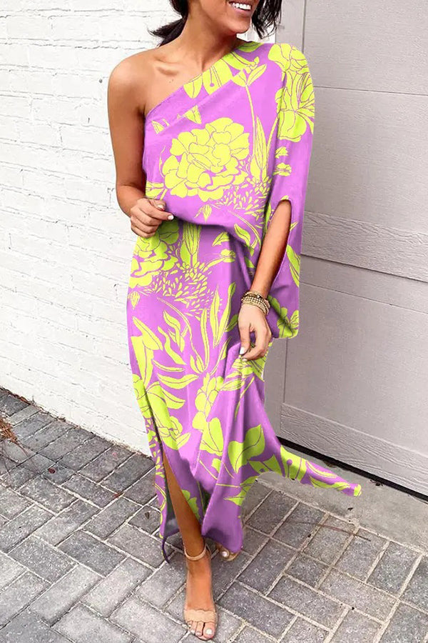 Natalie Bedrucktes One-Shoulder-Maxikleid mit Schlitz