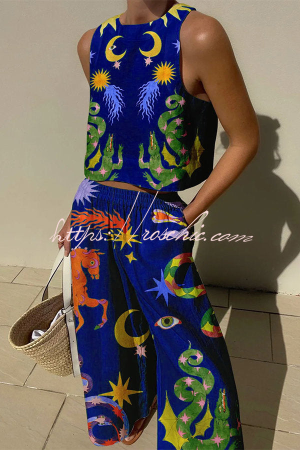 Mariele Leinenmix-Set mit einzigartigem Print: Ärmelloses Top und Hose mit Gummibund und Taschen