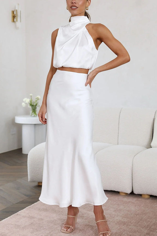 Franziska High-Neck Satin-Maxirock-Set mit Drapierung