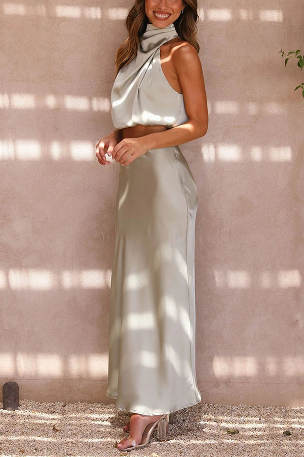Franziska High-Neck Satin-Maxirock-Set mit Drapierung