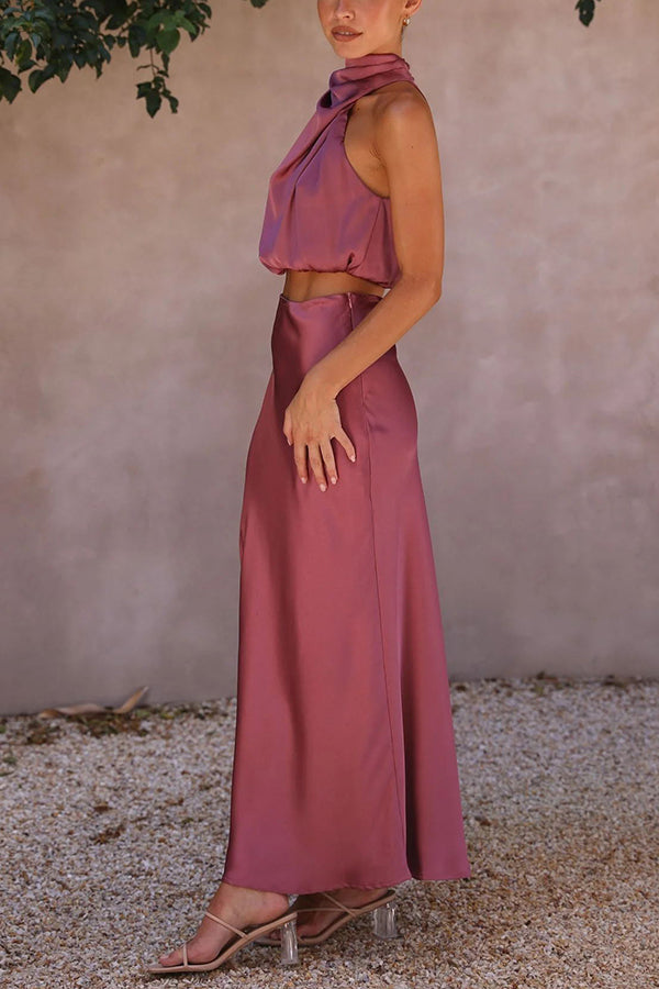 Franziska High-Neck Satin-Maxirock-Set mit Drapierung