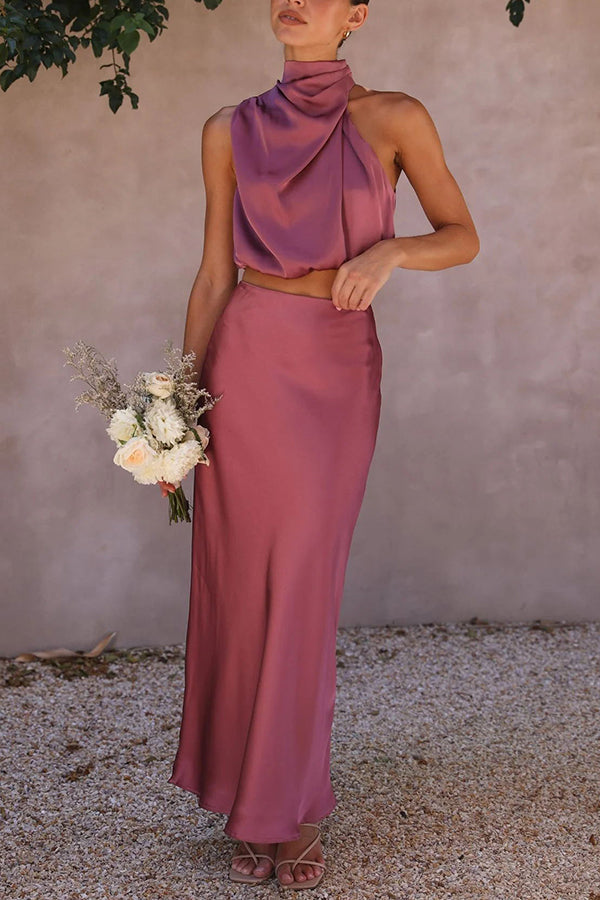 Franziska High-Neck Satin-Maxirock-Set mit Drapierung