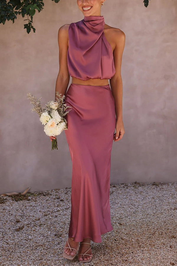 Franziska High-Neck Satin-Maxirock-Set mit Drapierung