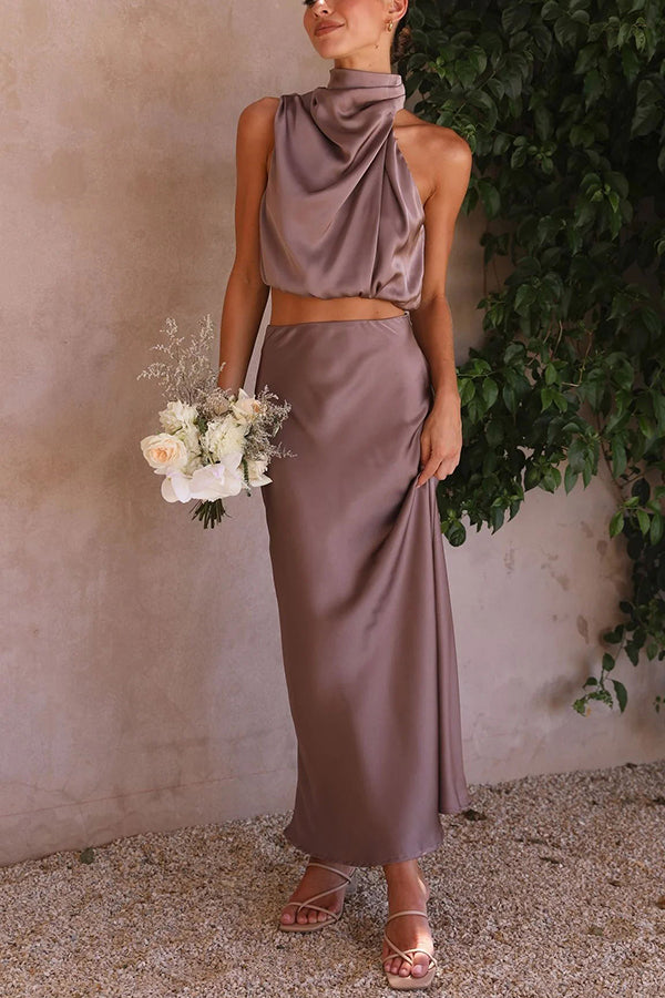 Franziska High-Neck Satin-Maxirock-Set mit Drapierung