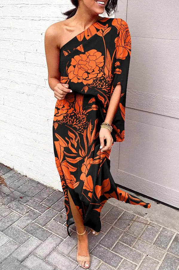 Natalie Bedrucktes One-Shoulder-Maxikleid mit Schlitz