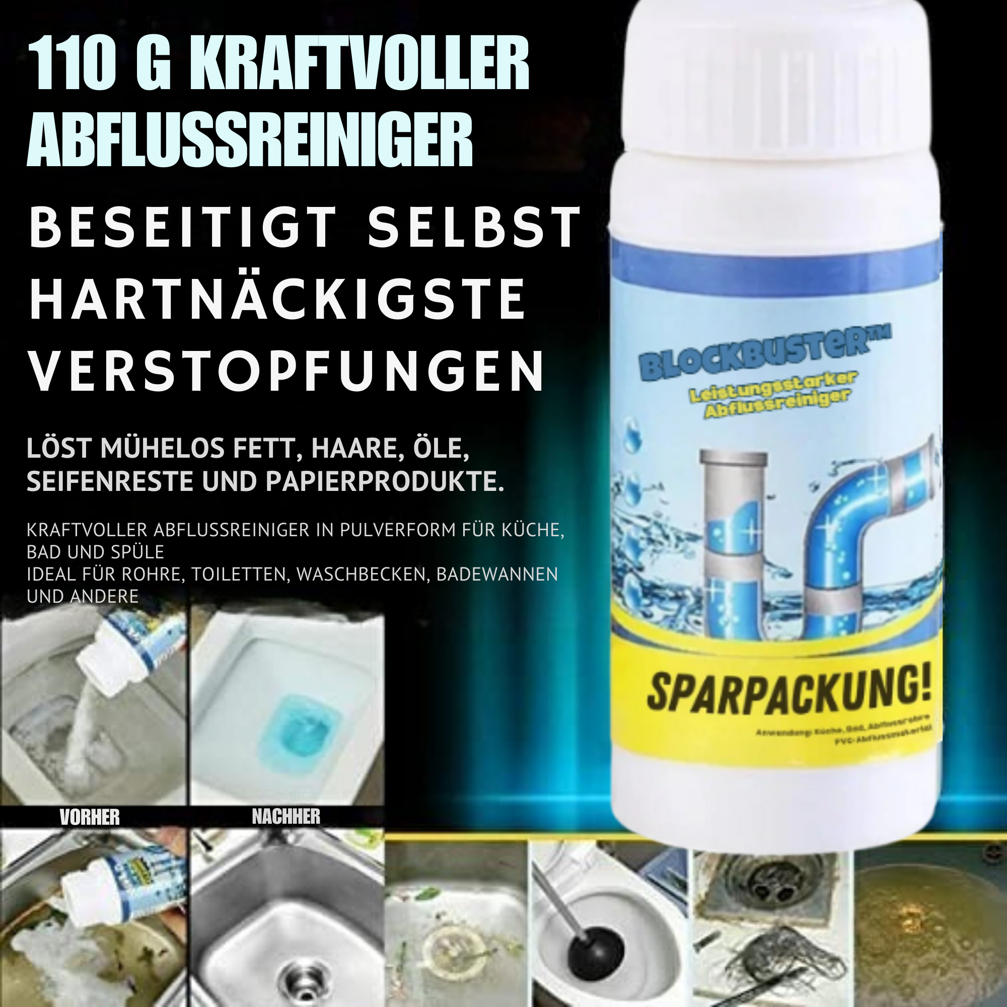 BlockBuster™ / Leistungsstarker Abflussreiniger – Beseitigt Verstopfungen In Minuten