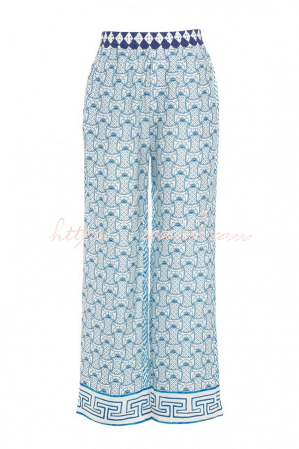 Konrad Set aus Seiden-Satin mit lockerem Kurzarmhemd mit Drachenmuster und elastischer Hose mit Taschen