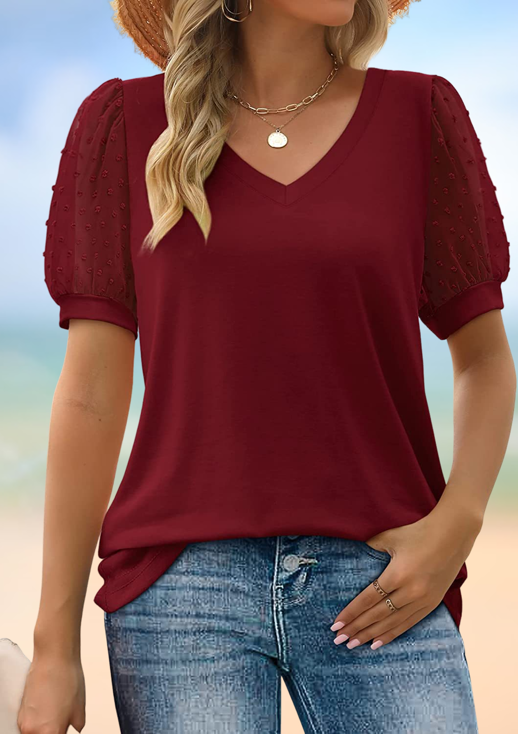Janne – V-Ausschnitt-T-Shirt mit Ärmeln und Bauchbedeckung