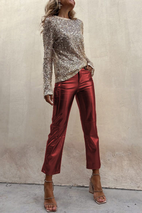 Elfriede Metallic-Bundfaltenhose aus Kunstleder mit hoher Taille und Taschen – Lieferung in 24h