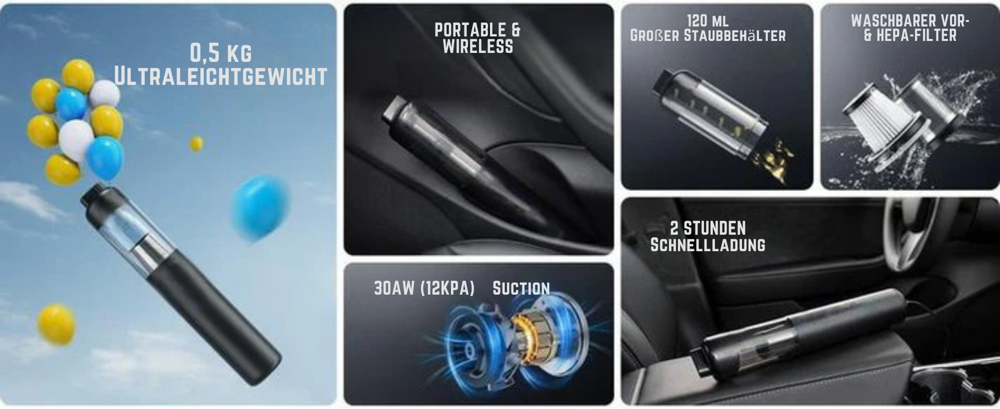 SchmutzSchreck™ / Kabelloser Autostaubsauger mit hoher Leistung 12000Pa/30AW