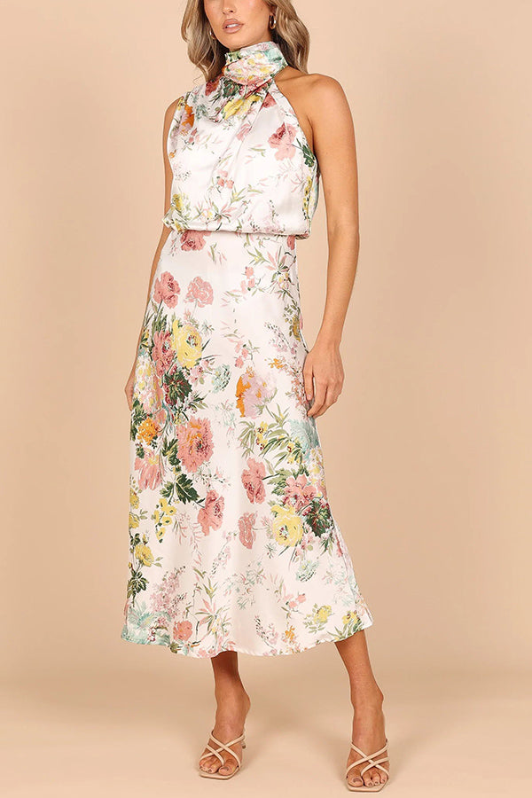 Friederike Blumenprint Maxikleid mit Neckholder und elastischer Taille