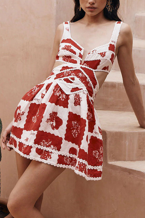 Melina Leinen-Minikleid mit einzigartigem Print, Zierborten, Cut-Outs und Taschen