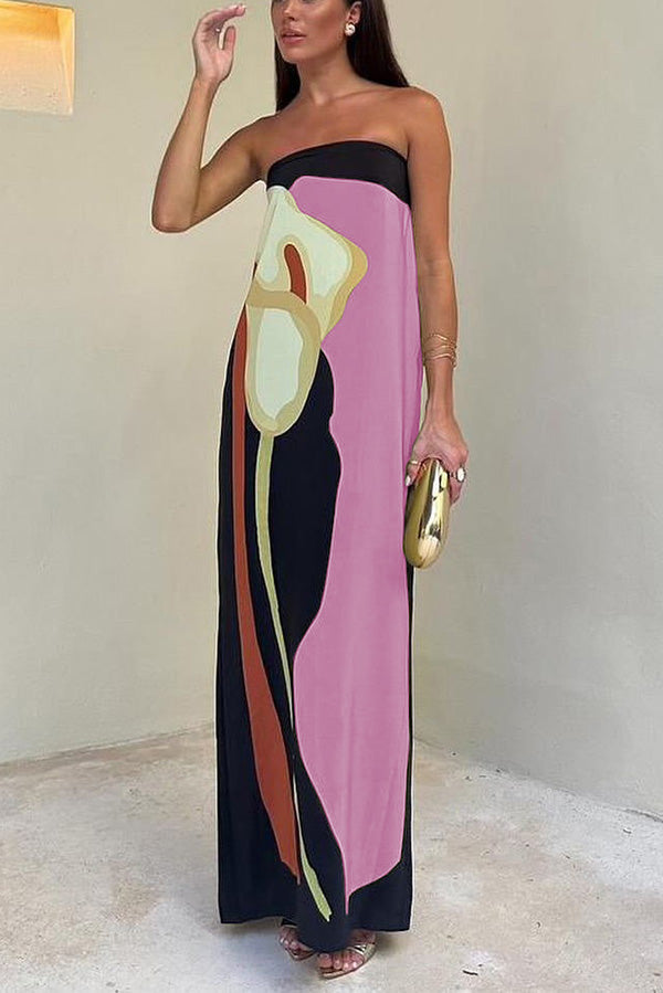 Rosalinde Schulterfreies Maxikleid mit abstraktem Blumenmuster und elastischem Bund – Lockerer Urlaubsstil