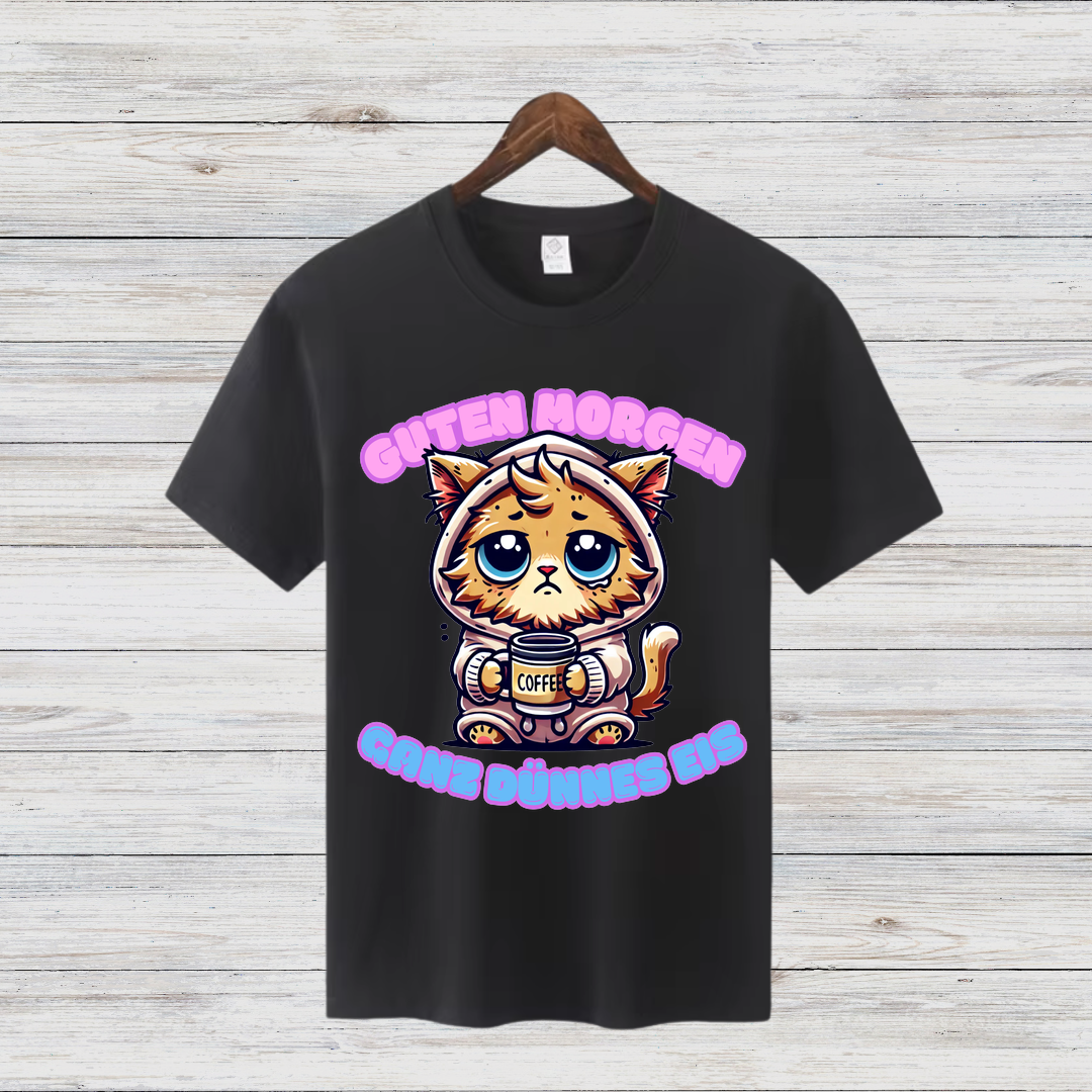Guten Morgen Katze | Lustiges Wintershirt | Niedliches Katzen-Design | Statement Shirt für Kaffeeliebhaberinnen