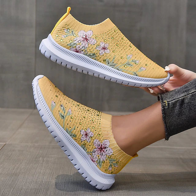 Women's White Slip-On Sneakers with Floral Print and Rhinestones for Casual Wear 2026 - $29.99