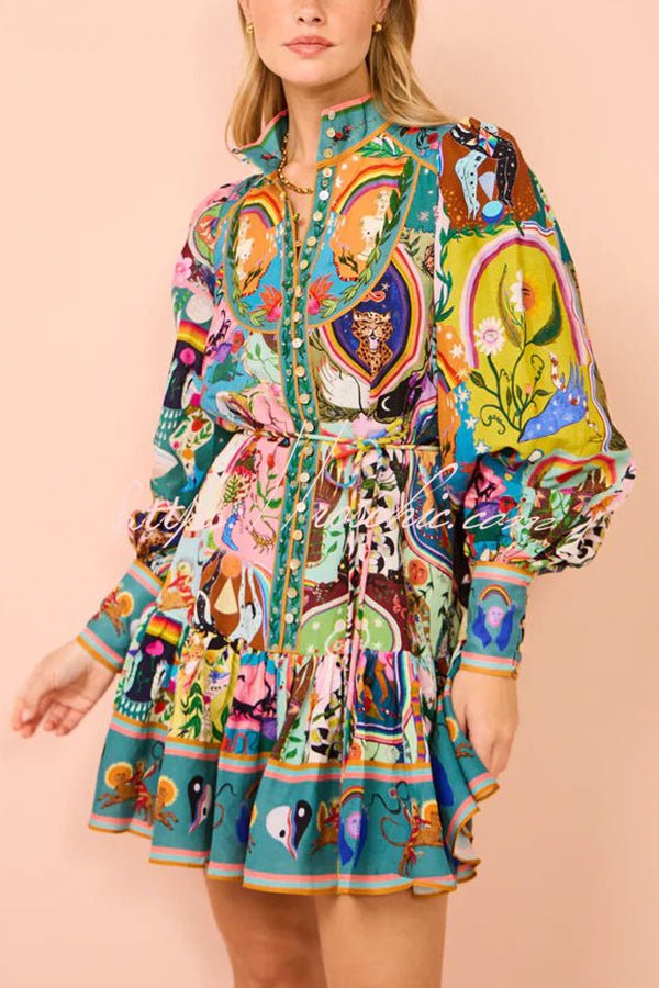 Annette Ballonärmel Hemdblusenkleid mit einzigartigem Print und Knöpfen – Mini-Länge, luxuriöser Stil - Sopheria
