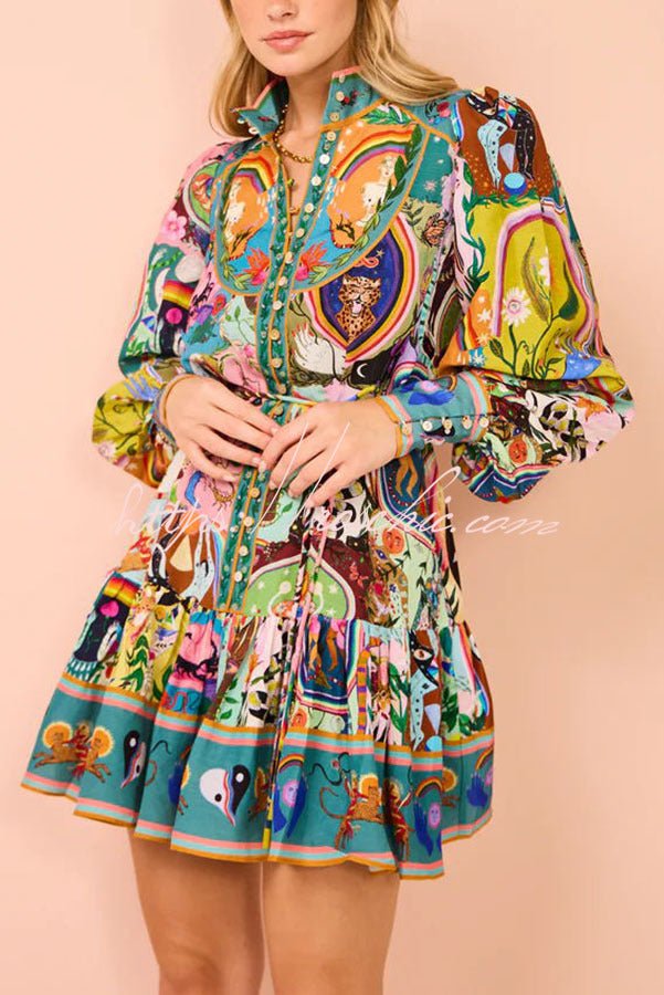 Annette Ballonärmel Hemdblusenkleid mit einzigartigem Print und Knöpfen – Mini-Länge, luxuriöser Stil - Sopheria