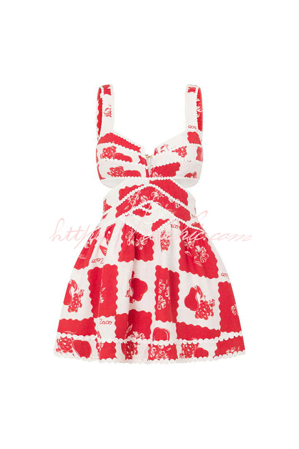 Melina Leinen-Minikleid mit einzigartigem Print, Zierborten, Cut-Outs und Taschen