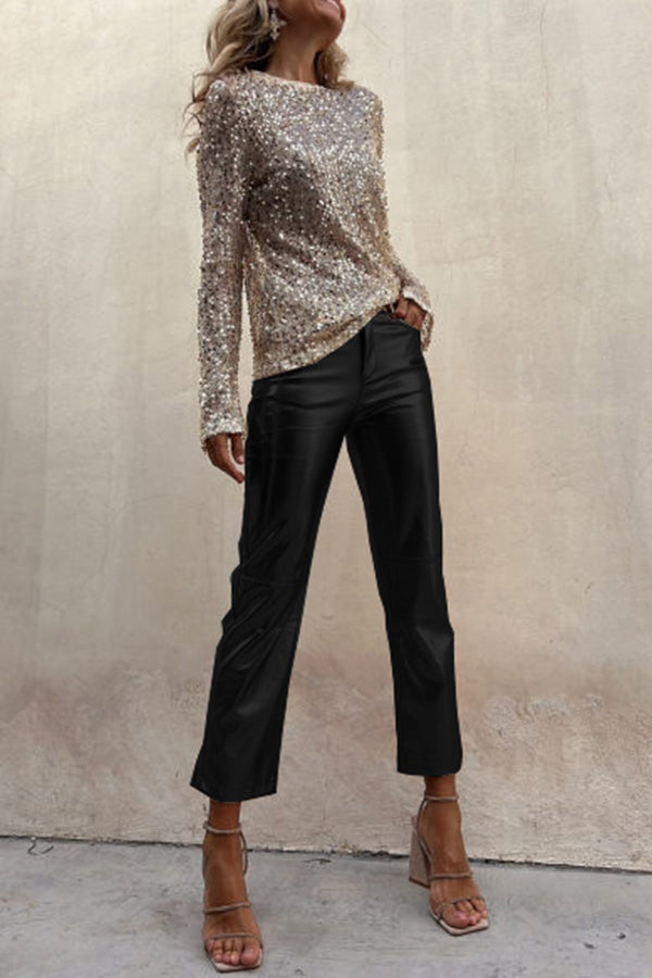 Elfriede Metallic-Bundfaltenhose aus Kunstleder mit hoher Taille und Taschen – Lieferung in 24h
