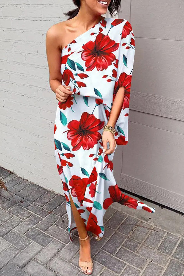 Natalie Bedrucktes One-Shoulder-Maxikleid mit Schlitz