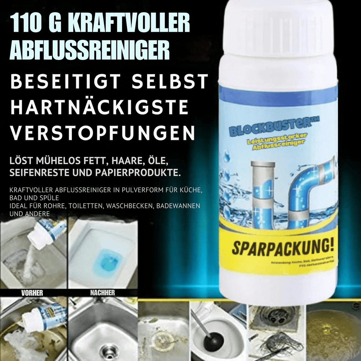BlockBuster™ / Leistungsstarker Abflussreiniger – Beseitigt Verstopfungen In Minuten - Sopheria
