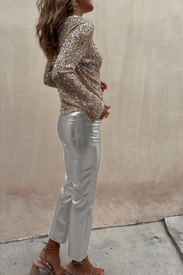 Elfriede Metallic-Bundfaltenhose aus Kunstleder mit hoher Taille und Taschen – Lieferung in 24h