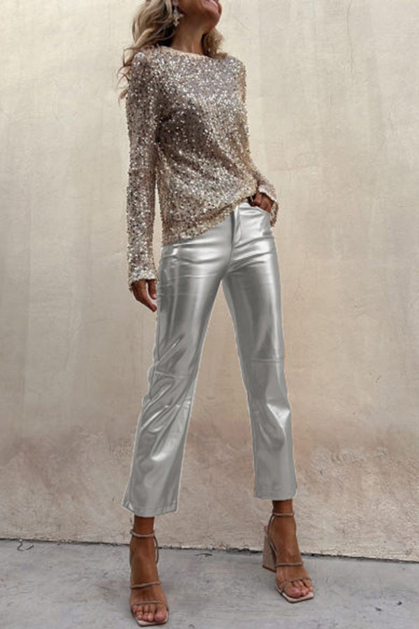 Elfriede Metallic-Bundfaltenhose aus Kunstleder mit hoher Taille und Taschen – Lieferung in 24h
