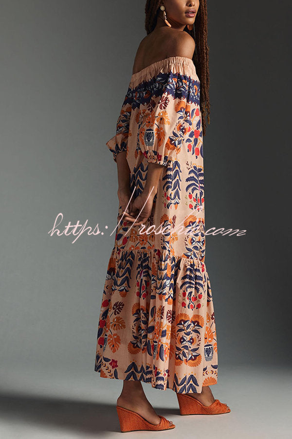 Renate Schulterfreies, fließendes Midikleid mit Taschen und Insel-Print
