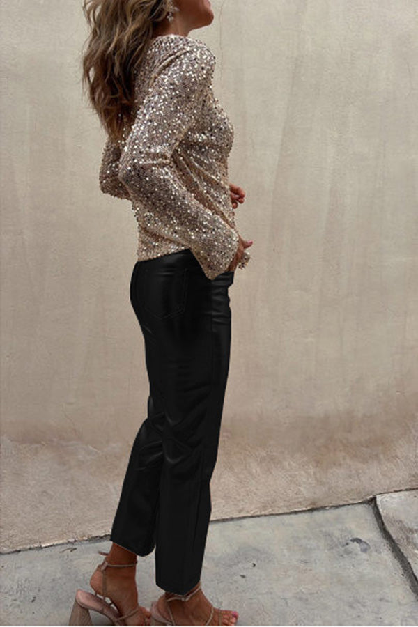 Elfriede Metallic-Bundfaltenhose aus Kunstleder mit hoher Taille und Taschen – Lieferung in 24h