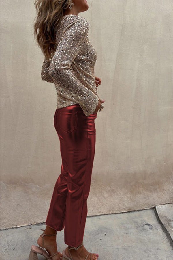 Elfriede Metallic-Bundfaltenhose aus Kunstleder mit hoher Taille und Taschen – Lieferung in 24h - Sopheria