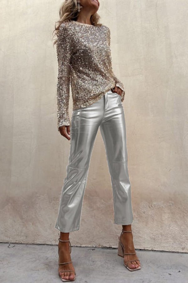 Elfriede Metallic-Bundfaltenhose aus Kunstleder mit hoher Taille und Taschen – Lieferung in 24h - Sopheria