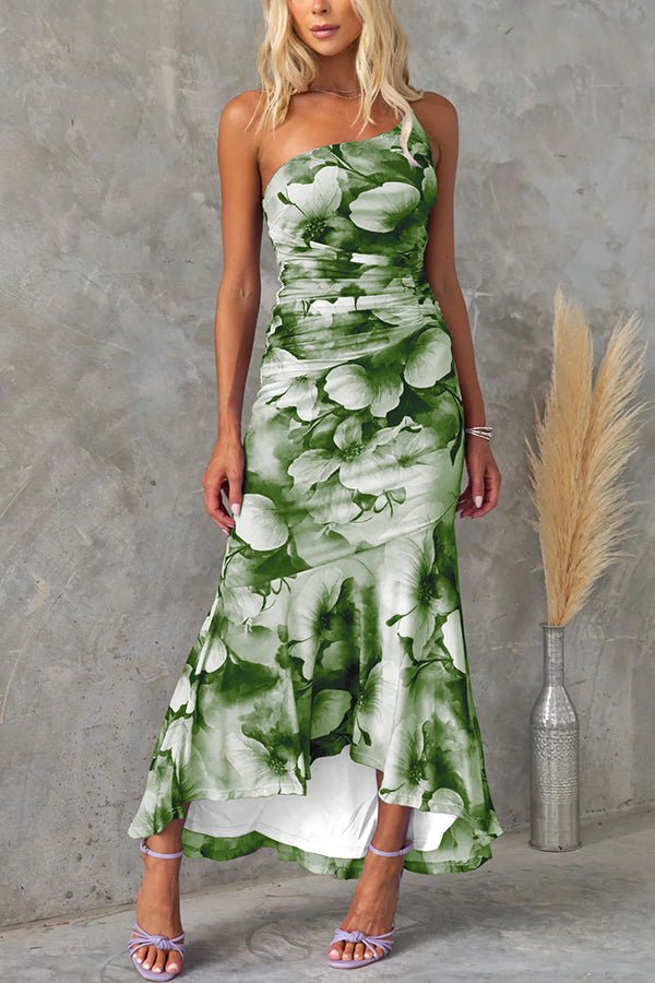 Friederike Asymmetrisches Maxikleid aus Netzstoff mit Blumenmuster und Raffung - Sopheria