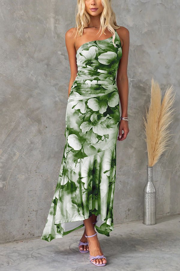 Friederike Asymmetrisches Maxikleid aus Netzstoff mit Blumenmuster und Raffung - Sopheria