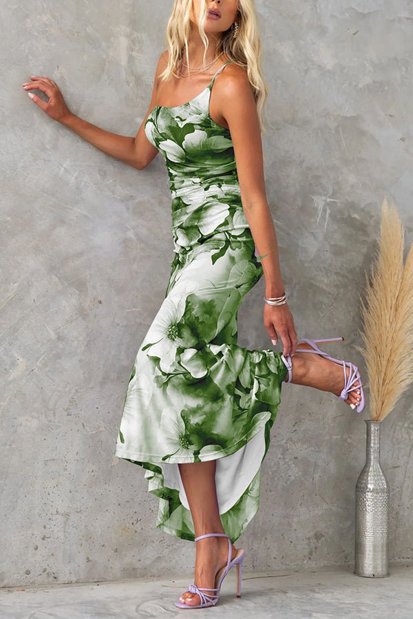 Friederike Asymmetrisches Maxikleid aus Netzstoff mit Blumenmuster und Raffung - Sopheria