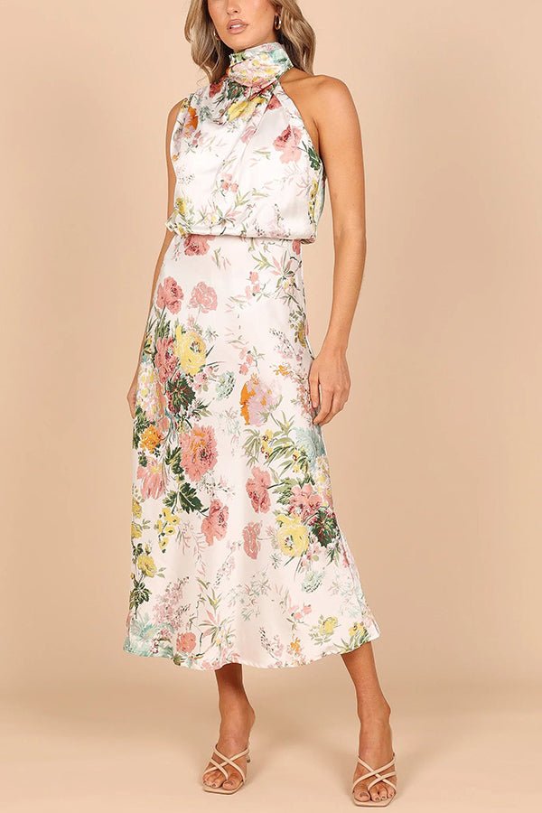 Friederike Blumenprint Maxikleid mit Neckholder und elastischer Taille - Sopheria