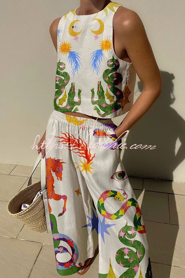 Mariele Leinenmix-Set mit einzigartigem Print: Ärmelloses Top und Hose mit Gummibund und Taschen - Sopheria